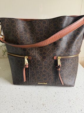 Calvin Klein Brown Logo Coated Canvas Shoulder Bag with Tan Trim